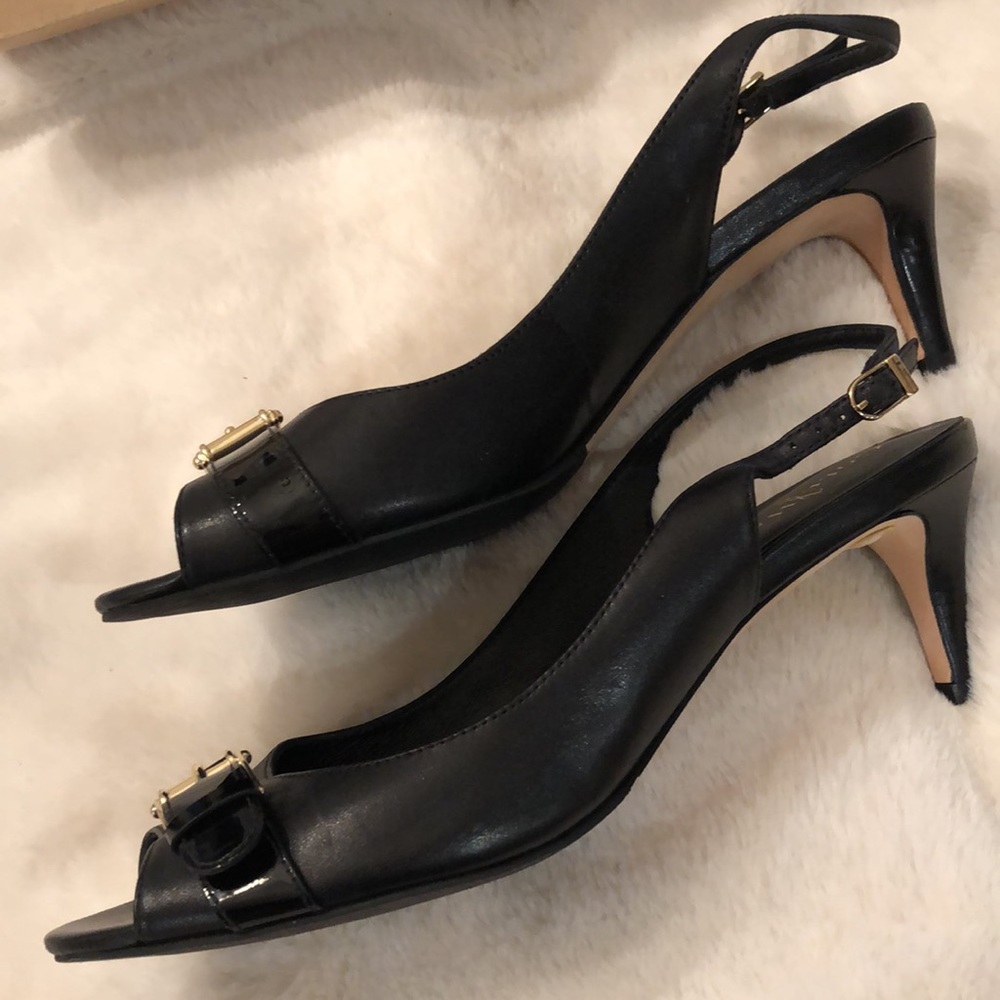 NWT! COLE HAAN OPEN TOE BLACK LEATHER PUMPS 👠 - Picture 3 of 8